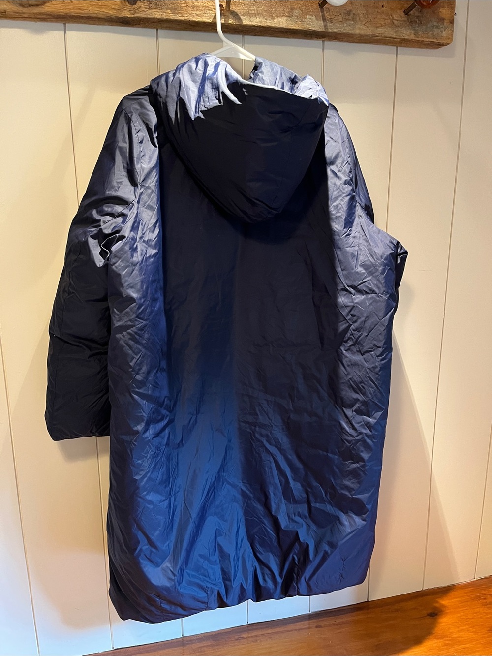 EILEEN FISHER L Blue Down Hooded Jacket Recycled Nylon Button Up Eggshell - Picture 2 of 10